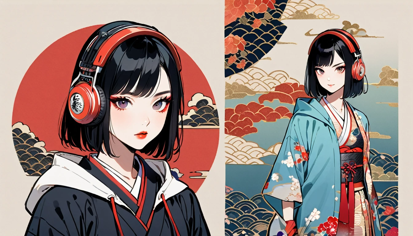 (((1 girl))), (((Flashy makeup))), (((Japanese style headphones))), (((Japanese pattern hoodie))), (((Japanese sword))), (((Female samurai))), Japanese beautiful girl, Black Hair, Delicate and precise, Modern ukiyo-e style, Japanese flag, red and blue neon