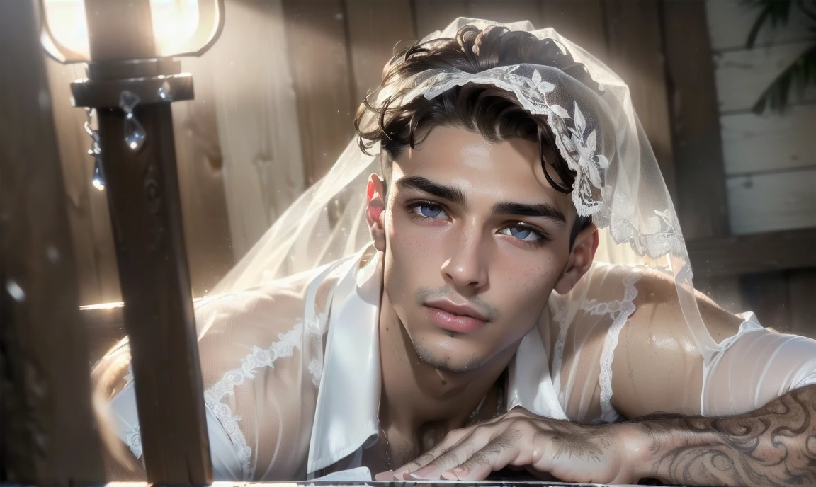 "((highly detailed, detailed eyes, detailed face, clear and realistic facial features, photorealistic, realistic light; cinematic)), (1 man), ((((summer home background)))), (((23-year-old male))), (((seductive sexy enigmatic gorgeous middle-eastern male model))), , ((((acting enticing)))), ((seductive expression)), (((blushing))), ((short dark-brown hair)), ((((mysterious eyes)))), (((long dark-brown natural eyelashes))), (((clean-shaven face))), ((white bride's train)), ((white bride's veil)), ((white bride's lingerie)), (((posing seductively))."