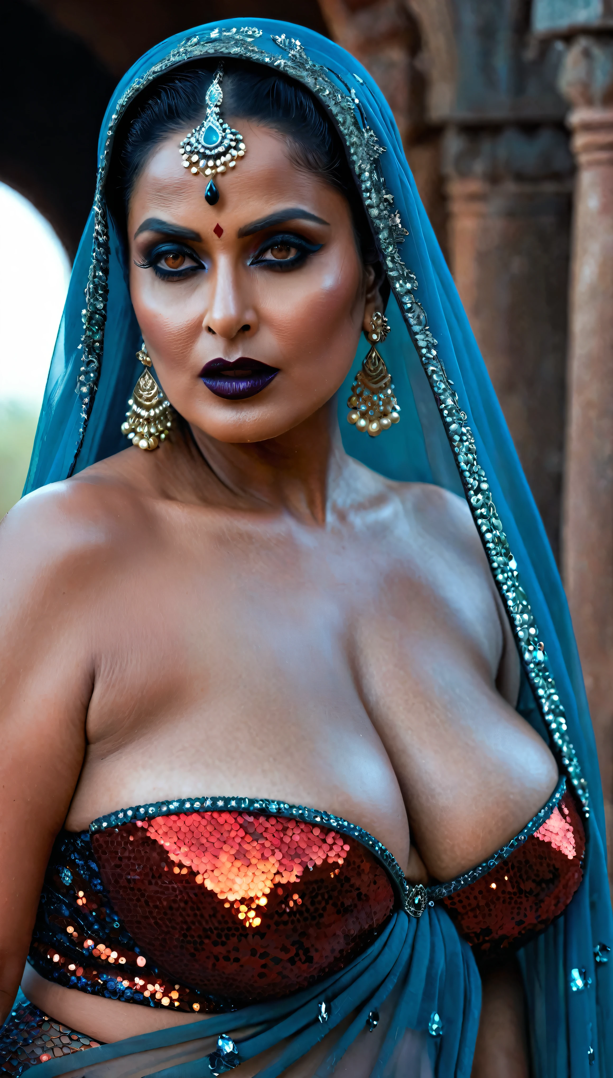 Looks like Bollywood milf actress Rekha, full body Closeup shot, Big chubby aunty, milf, cougar lady witch, horny Gothic milf, 70 years old gorgeous mature lady, pervert demoness, demoness of lust, curvy, black lips, horny face, extremely gorgeous, thick figure, heavy physique, voluptuous, curvy, sexy figure, Fashionable portrait of androgynous alien looking witch wearing veil, glowing eyes, futuristic design, minimal details, givenchy, photoreal, 200mm, hd, f/ 2.0, highly detailed, surreal, sexy beautiful evil woman, sexy bold sequin Saree with strapless Bra, chudail, Pishachini, horror genre, blood-thirsty enchantress, powerful female spirit, eerie, drop dead, in the style of red and blue, (intricate details, hyperdetailed:1.15) (skin texture:1.2), dark Moody tone, cinematic lighting, haunted place in background, saggy breast,