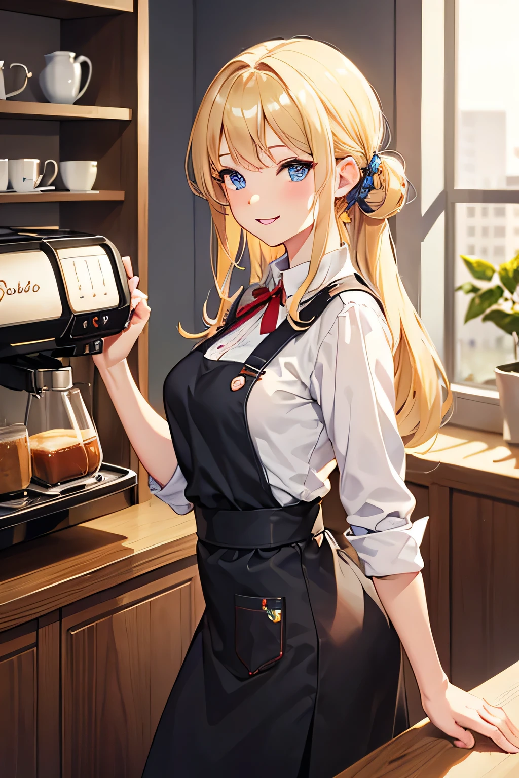 masterpiece, best quality, detailed clothes, young, blonde haired girl, blue eyes, medium breasts, smiling, cute, barista, cute barista, modern coffee shop, barista outfit, cute, coffee apron