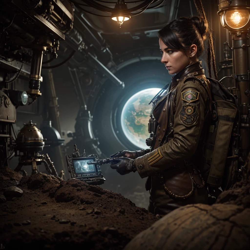 
a woman in a steampunk military uniform analyzing some alien creatures on an unknown planet, hyper-realistic, cinematic, 8k, ultra-detailed, masterpiece, intricate-details, photo-realistic,perfect details