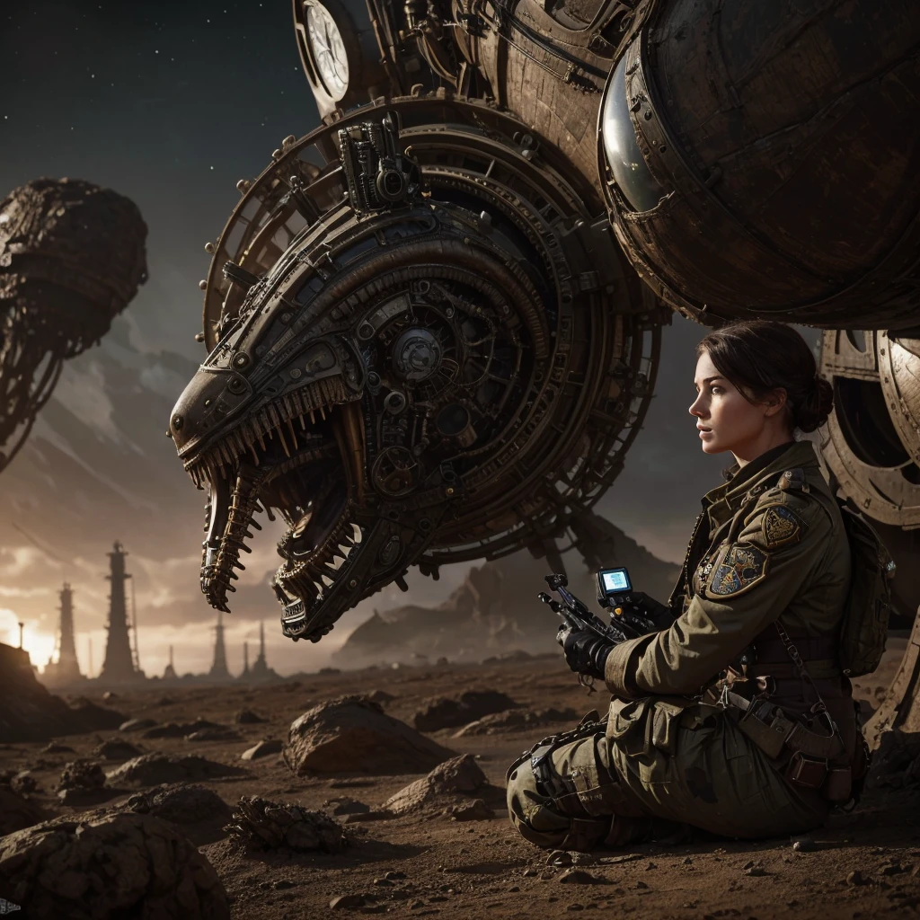 a woman in a steampunk military uniform analyzing some alien creatures on an unknown planet, hyper-realistic, cinematic, 8k, ultra-detailed, masterpiece, intricate-details, photo-realistic,perfect details