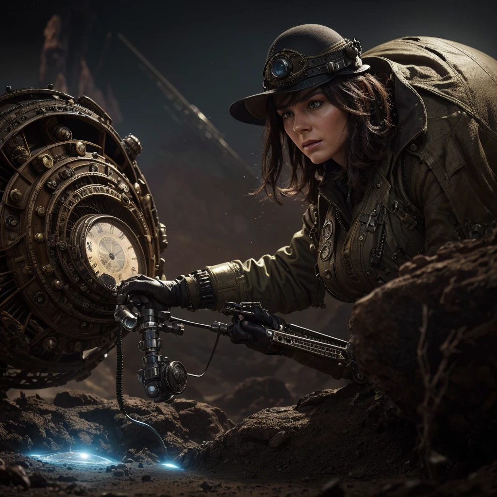 a woman in a steampunk military uniform analyzing some alien creatures on an unknown planet, hyper-realistic, cinematic, 8k, ultra-detailed, masterpiece, intricate-details, photo-realistic,perfect details