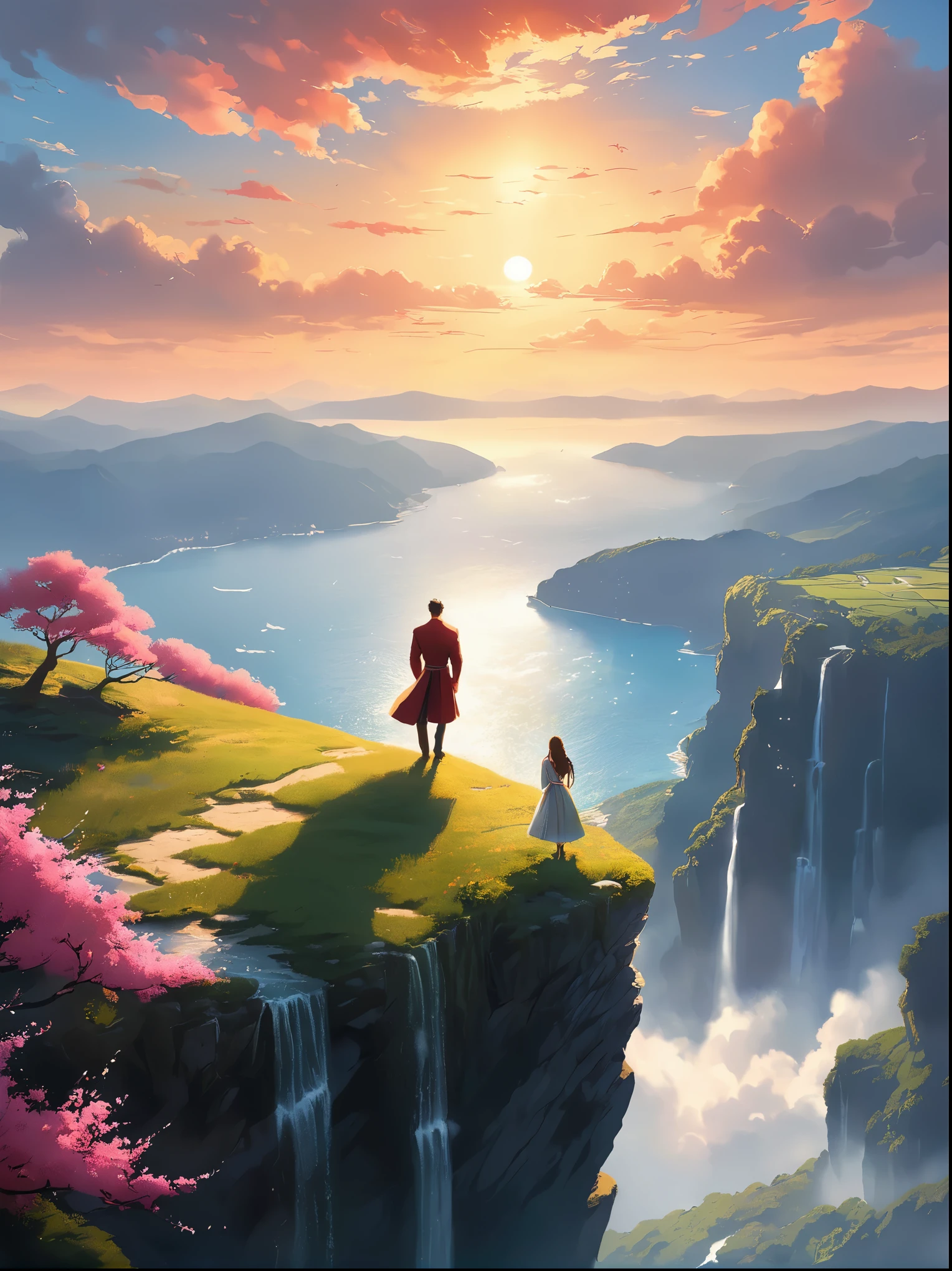 (Look from the back),A man standing on a cliff,In a dreamy, hazy landscape,(Girl's perfect back),(With your back to the audience),Surrounded by a vortex of cosmic energy,The back of a person wrapped in a flowing robe,Blending with the celestial currents,The sky is a tapestry of deep purples and blues,Dotted with stars,The scenery below vaguely shows the rolling mountains,This scene is peaceful and sublime,Capturing the majestic nature of the universe,A pensive figure stands in awe