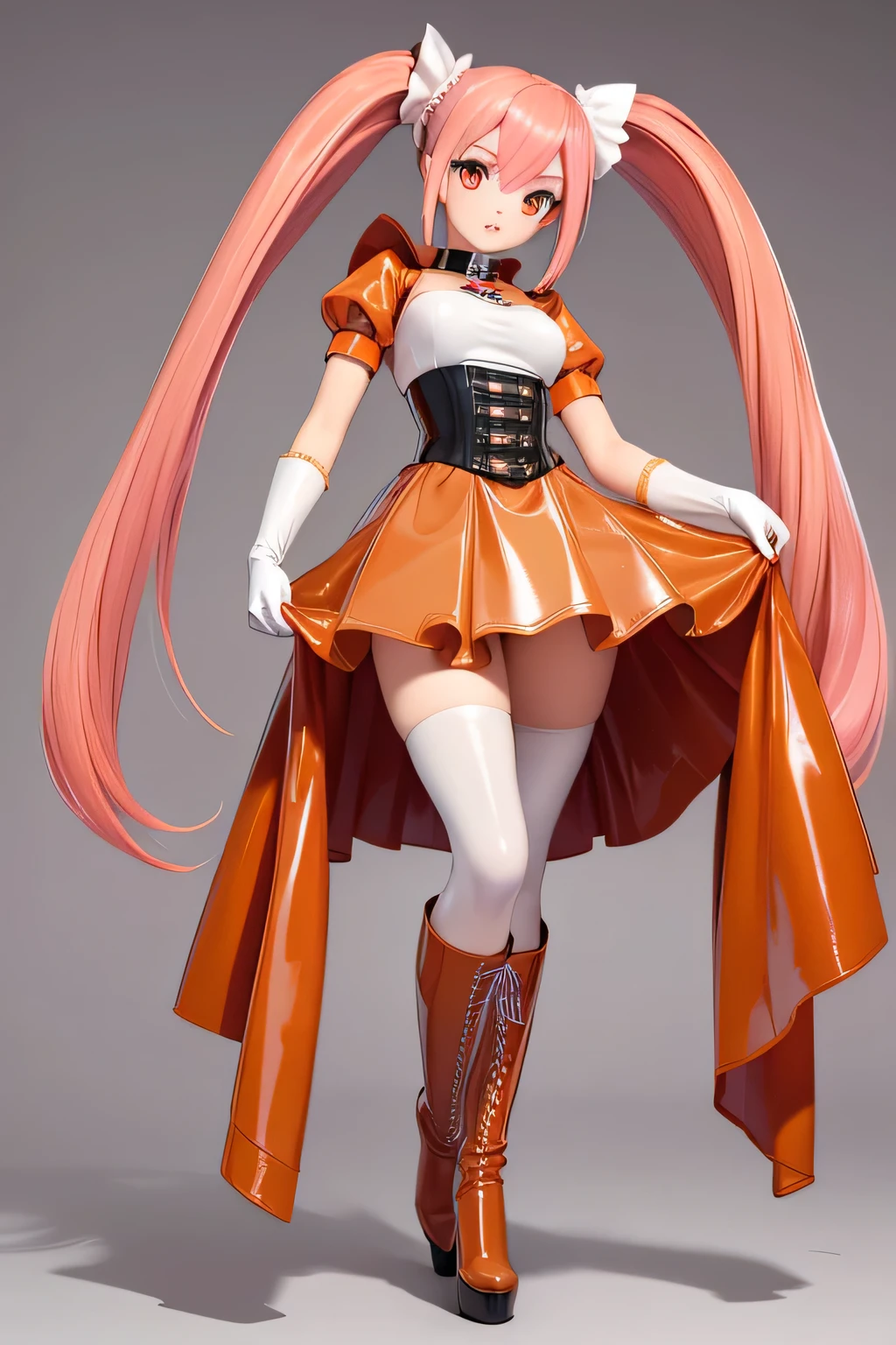 Perfect Anatomy Highest quality,Highest Resolution,(((Dark orange latex long skirt Silver Boots White Opera Gloves pink hair))) Metal Max 2:Reloaded Twin tails Red Eye Slender 18-year-old