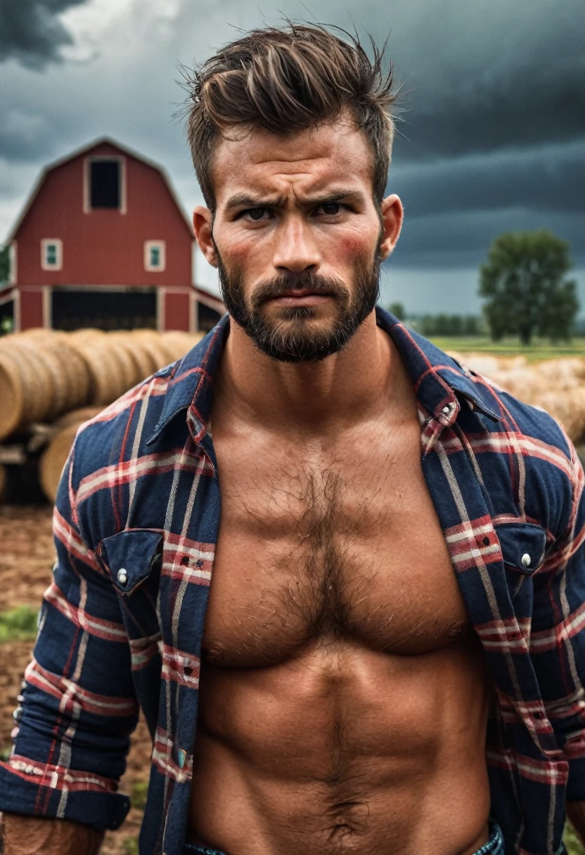 masterpiece, Best Quality, high resolution, Close-up portrait, (1 chico:1.4) A man in a lumberjack suit, (with shirt: 1.2) male focus, focus alone, tanned skin, 25-year-old man dressed as a lumberjack, strong, furry, (shirtless: 1.2), in the background a farm, in a storm, amazing composition, Front view, HdR, volumetric lighting, (plano general, from the front:1.2) (GS-Macho :1.5) (magnificent landscape:1.2)