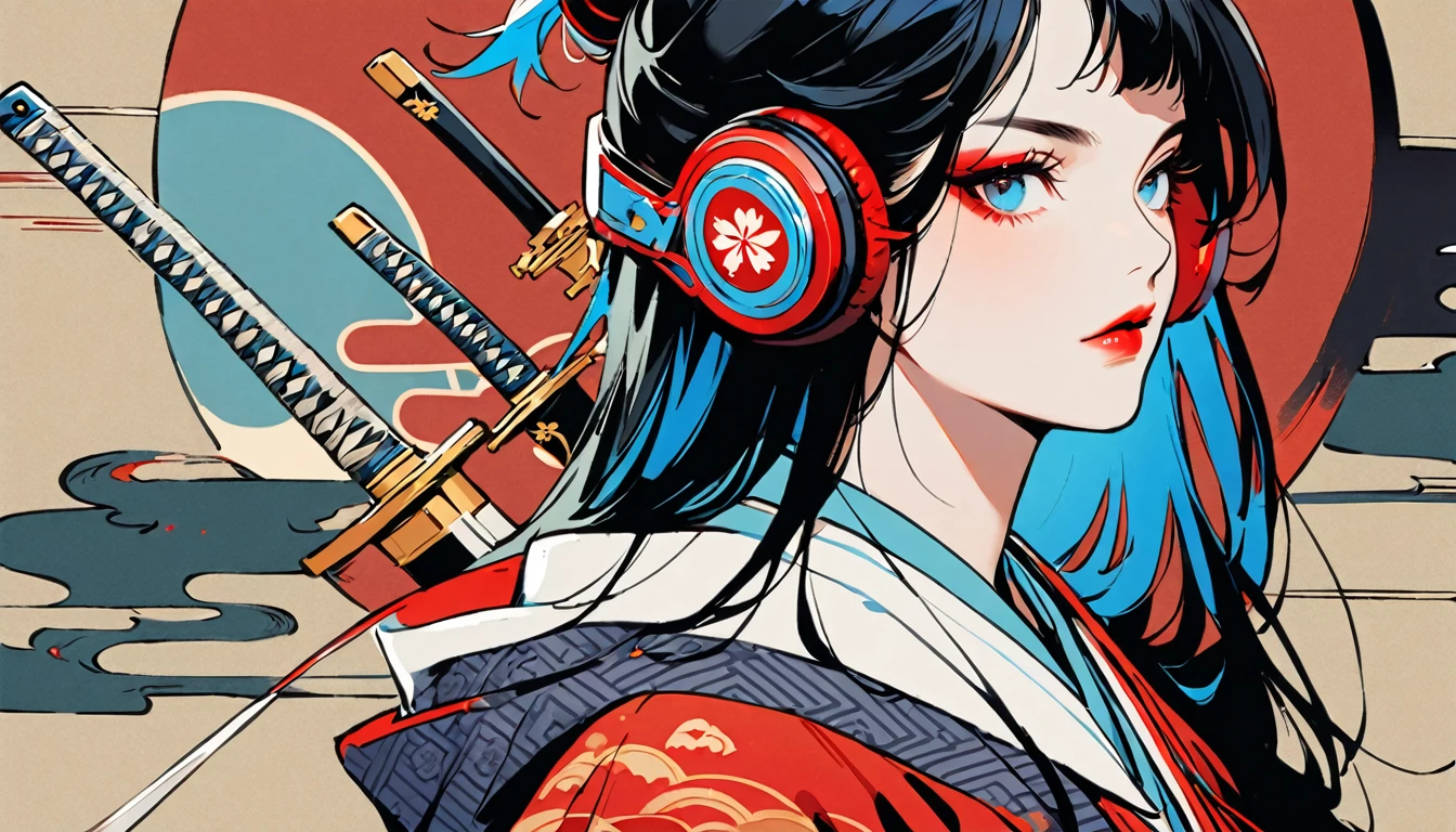 (((1 girl))), (((Flashy makeup))), (((Japanese style headphones))), (((Japanese pattern hoodie))), (((Japanese sword))), (((Female samurai))), Japanese beautiful girl, Black Hair, Delicate and precise, Modern ukiyo-e style, Japanese flag, red and blue neon