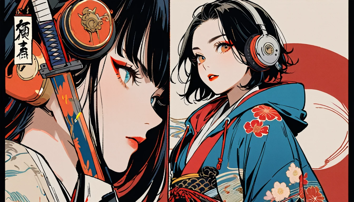 (((1 girl))), (((Flashy makeup))), (((Japanese style headphones))), (((Japanese pattern hoodie))), (((Japanese sword))), (((Female samurai))), Japanese beautiful girl, Black Hair, Delicate and precise, Modern ukiyo-e style, Japanese flag, red and blue neon