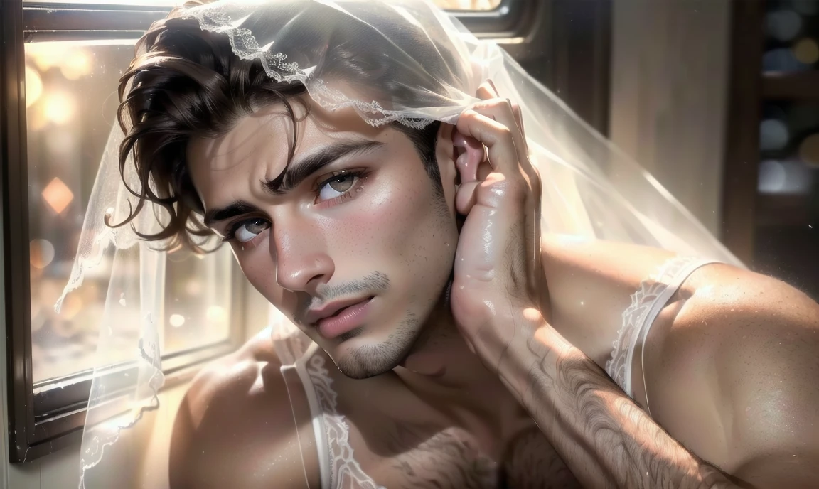 "((highly detailed, detailed eyes, detailed face, clear and realistic facial features, photorealistic, realistic light; cinematic)), (1 man), ((((summer home background)))), (((23-year-old male))), (((seductive sexy enigmatic gorgeous middle-eastern male model))), , ((((acting enticing)))), ((seductive expression)), (((blushing))), ((short dark-brown hair)), ((((mysterious eyes)))), (((long dark-brown natural eyelashes))), (((clean-shaven face))), ((white bride's train)), ((white bride's veil)), ((white bride's lingerie)), (((posing seductively))."