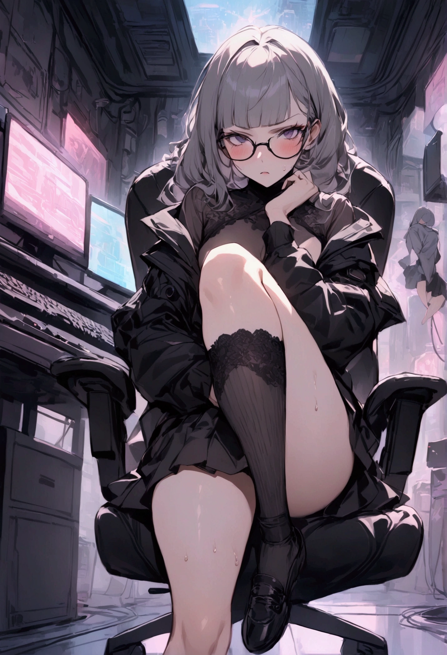 Dynamic composition,dutch angle,full body,Focus on legs,{{masterpiece}}, {{{Highest quality}}},{{Very detailed}},cyberpunk,1girl,30years old,{Mature Woman}},otaku obsessed with fighting geeks,,{{Sit on a chair and take a rest}},{{raise one leg}},long-sleeved blouse, skirt,Lace high socks,glasses,clavicle,,{{v-shaped eyebrows}},Bad mood,blush,Sweat,raise one's eyebrows ,{{View your viewers}}、gray long hair,Blunt bangs ,indoor、Computer Room