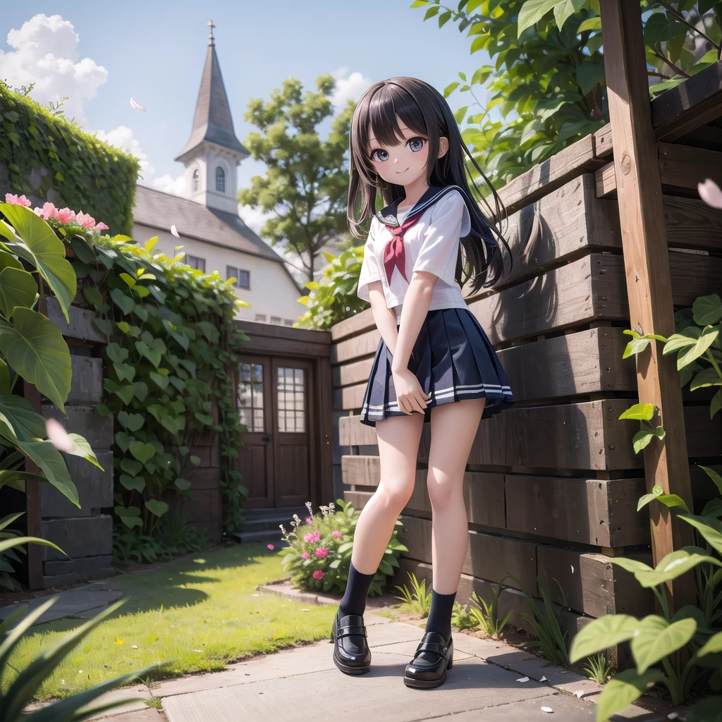 (masterpiece), town, blue sky, One Girl, smile, alone, Sailor suit、Below the knee skirt, Overgrown, petal, plant、Skirt lining、Translucent slip