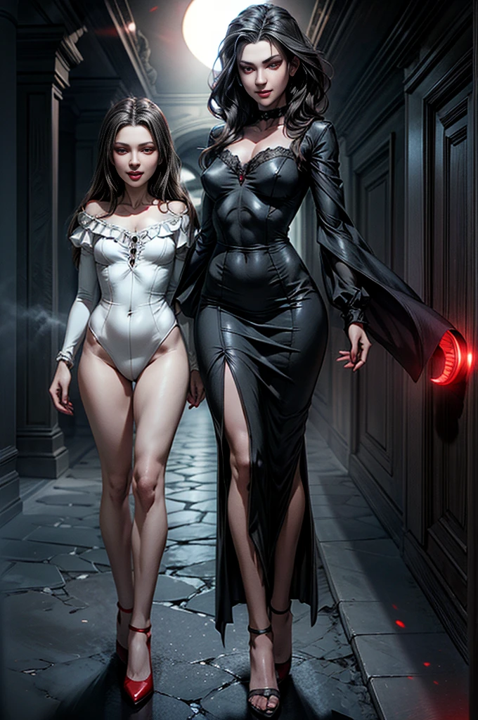 masterpiece, best quality, vampire family, full figure skinny mom whit old daughter, cinematic, moonlight, night, masterpiece, best quality, maryarya, full body shot, an elegant tall slender girl, 8k, perfect and deep shadows, detailed eyes, full body shot, high quality picture, high detailed background, HD shadows, (red glowing eyes:1.2), an evil grin, fangs are visible, pale skin