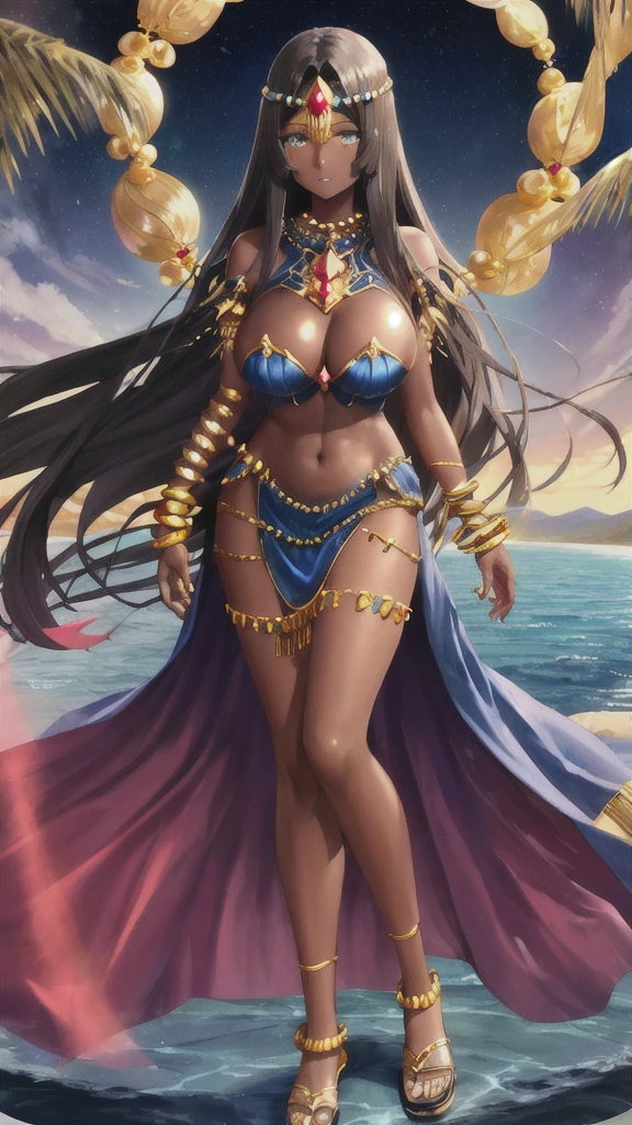 Dark-skinned adult woman with long straight hair, Huge breasts,Gold ruby head chain,blue silk clothing,Bare shoulders,bracelet,transparent long skirt,Bare legs,sandals,Standing,river,desert