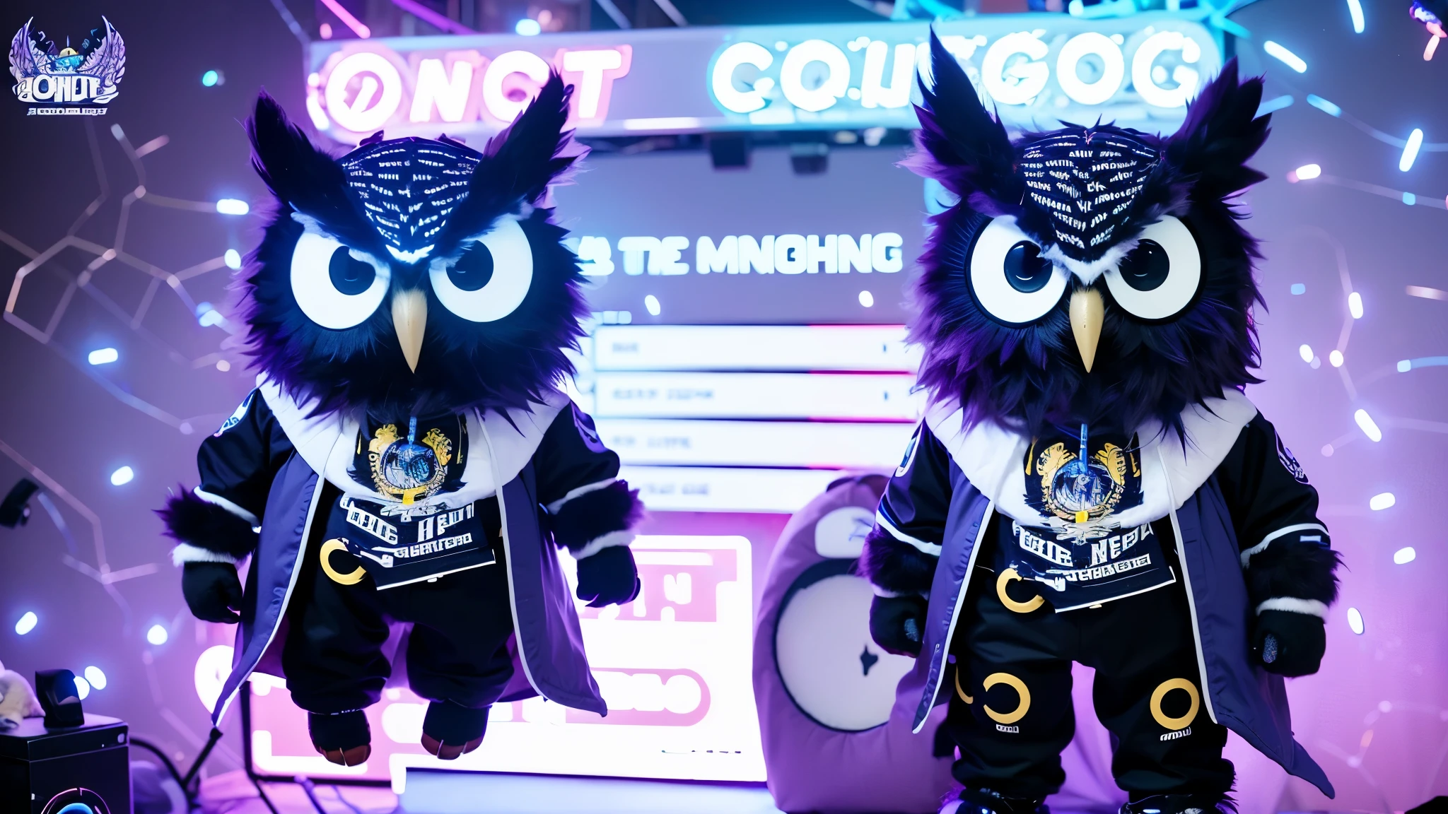 character sheet, create a mascot with the name big owl in a gamer environment, being a giant blue owl with e-sports costumes in white and purple in various positions