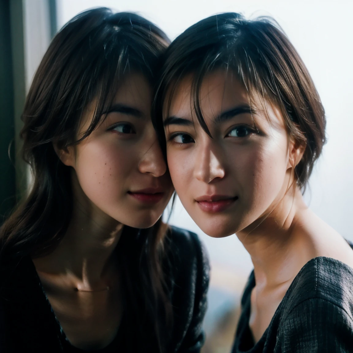 (Tabletop, Highest quality, Beautiful quality), (Realistic:1.4), (Detailed lighting, Very detailed肌, Very Fine Hair, Shadowy, 8k, 15 years old with baby face、Identical twin sisters of girls:1.2), Looking at the audience, (High key lighting), Highest quality, Official Art, unity 8k wallpaper, Ultra-high resolution, kiss、Lesbian、like、Very detailed, beautifully、aesthetic
