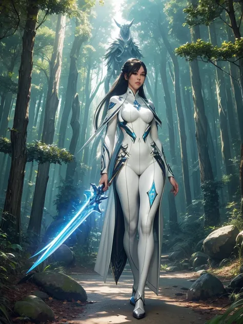 araffed woman in a white suit posing in a forest, eve, star sword, shiny skin, wlop art, fanart best art station, wlop y ross tr...