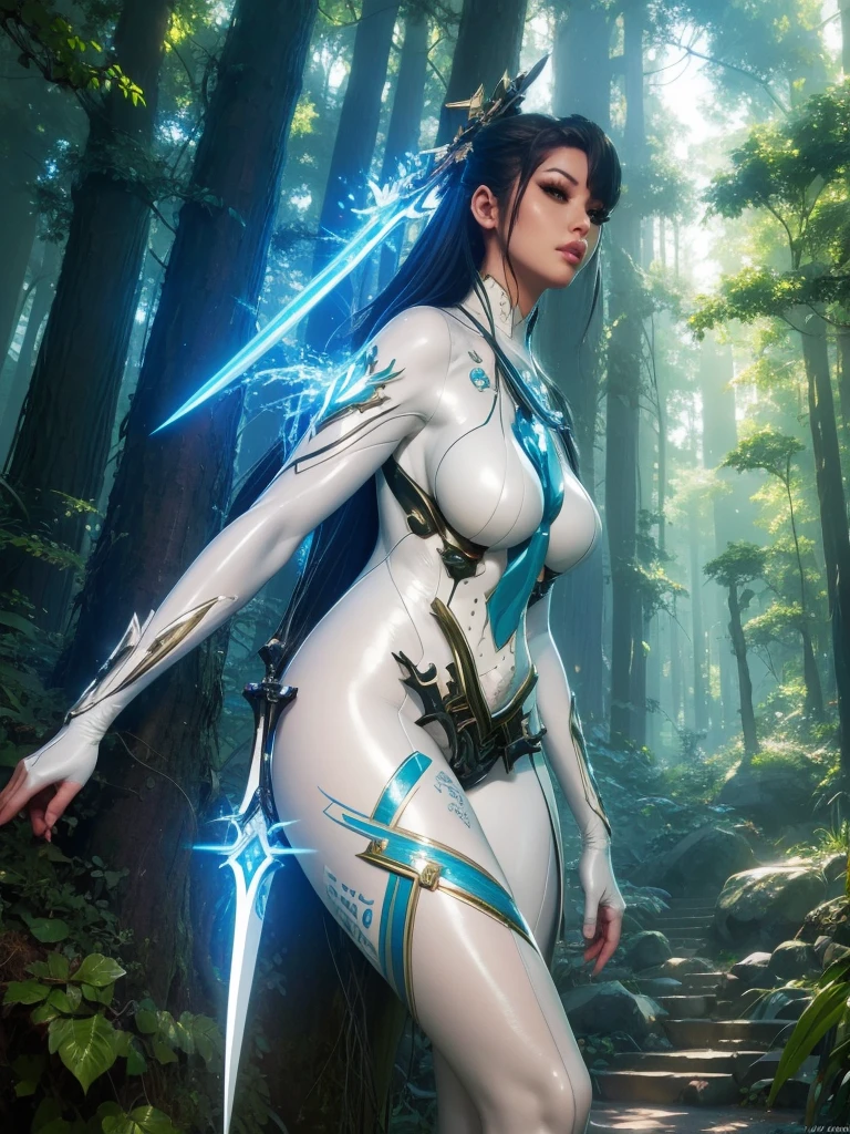 araffed woman in a white suit posing in a forest, Eve, star sword, shiny skin, WLOP art, fanart best art station, WLOP y ROSS Tran, deviantart art station cgscosiety, cg society masterpiece, [ trend on CGSociety ]!!, ross tran 8k, trend on cgstation, Wojtek FUS, fluid digital concept art

