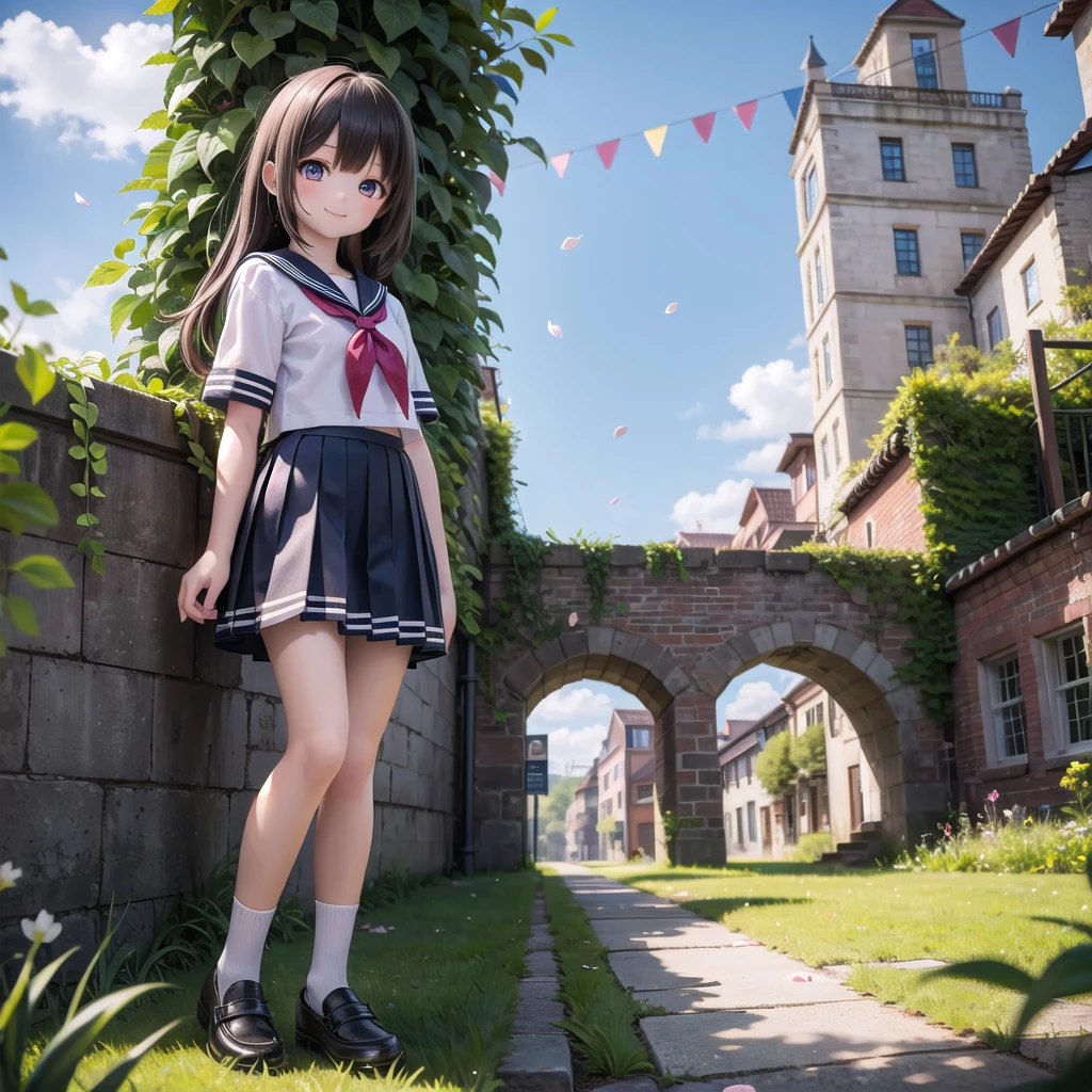 (masterpiece),  town,  blue sky,  One Girl,  smile,  alone,  Sailor suit、Below the knee skirt,  Overgrown,  petal,  plant、Skirt lining、Translucent slip