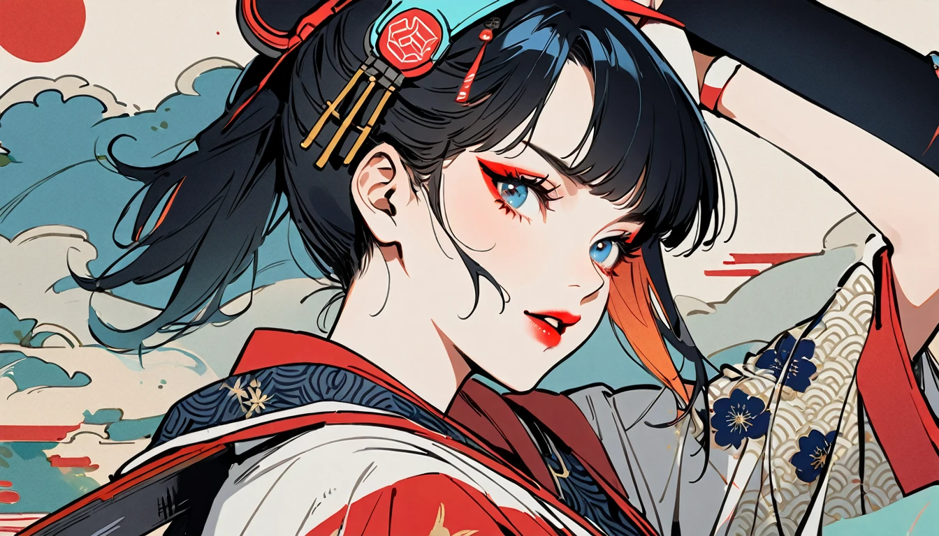 (((1 girl))), (((Flashy makeup))), (((Japanese style headphones))), (((Japanese pattern hoodie))), (((Japanese sword))), (((Female samurai))), Japanese beautiful girl, Black Hair, Delicate and precise, Modern ukiyo-e style, Japanese flag, red and blue neon