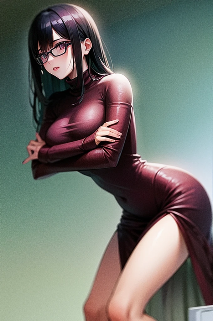 A woman, calm and seductive pink eyes, Long straight dark cold green hair, With teacher glasses, With a black turtleneck sweater sleeved, White background, arms crossed, pale red lips, Adult, manhwa style, anime webtoon, Cold colors