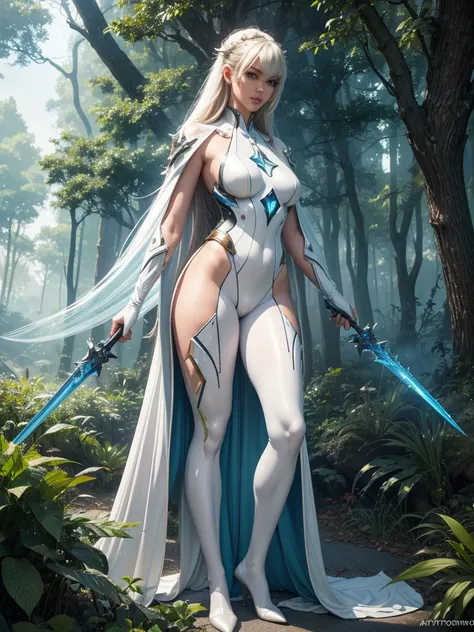 araffed woman in a white suit posing in a forest, eve, star sword, shiny skin, wlop art, fanart best art station, wlop y ross tr...