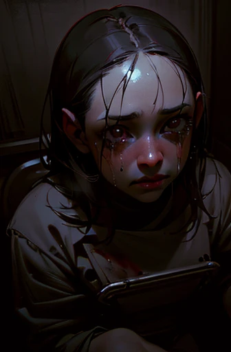 a thin girl sitting on toilet, blood coming from chest, crying, detailed face, detailed eyes, detailed lips, detailed tears, detailed anatomy, dark atmosphere, gloomy, muted colors, cinematic lighting, strong chiaroscuro, horror, psychological, detailed textures, moody, realistic, photorealistic, best quality, 8k, high resolution, masterpiece, ultra-detailed