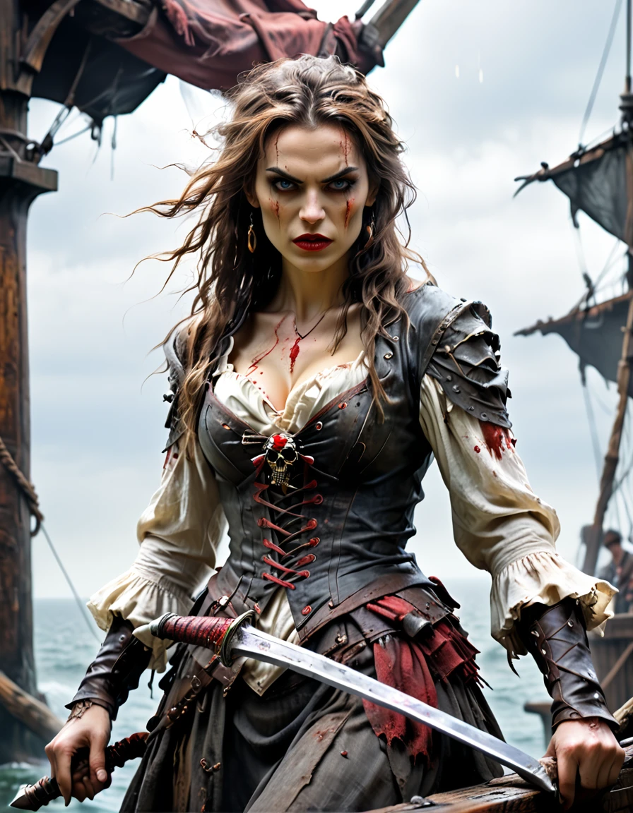 a portrait of a woman vampire pirate queen on a pirate ship ready for battle, ((full body: 1.5)), ((anatomically correct: 1.5)), (ultra detailed face: 1.2), looking tense, looking dangerous, dynamic eye color, glowing eyes, dynamic hair color, dynamic hair style dynamic skin complexion, wearing 18th century white button shirt, with ((stains of blood: 1.3)), busty , wearing wearing high heeled boots, it is night time at sea, moon is high, some clouds,18th century pirate ship background, vibrant, Ultra-high resolution, High Contrast, (masterpiece:1.5), highest quality, Best aesthetics), best details, best quality, highres, 16k, (ultra detailed: 1.5), masterpiece, best quality, (extremely detailed) RAW, (ultra details, Masterpiece, best quality), Hyperrealism style, holding sword, Intense gaze, holding sword rapier, vampire teeth, BloodSoakedAI, holding sword, Dark Art Painting Style