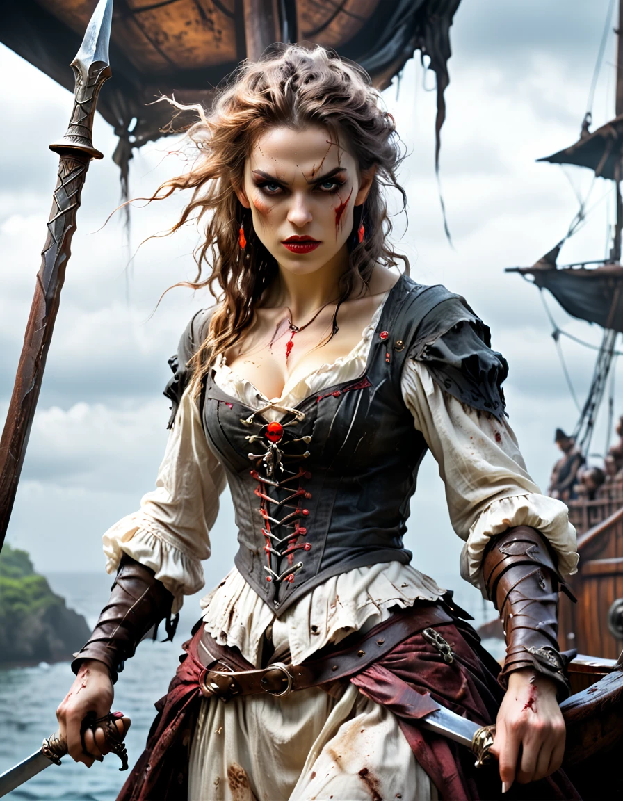 a portrait of a woman vampire pirate queen on a pirate ship ready for battle, ((full body: 1.5)), ((anatomically correct: 1.5)), (ultra detailed face: 1.2), looking tense, looking dangerous, dynamic eye color, glowing eyes, dynamic hair color, dynamic hair style dynamic skin complexion, wearing 18th century white button shirt, with ((stains of blood: 1.3)), busty , wearing wearing high heeled boots, it is night time at sea, moon is high, some clouds,18th century pirate ship background, vibrant, Ultra-high resolution, High Contrast, (masterpiece:1.5), highest quality, Best aesthetics), best details, best quality, highres, 16k, (ultra detailed: 1.5), masterpiece, best quality, (extremely detailed) RAW, (ultra details, Masterpiece, best quality), Hyperrealism style, holding sword, Intense gaze, holding sword rapier, vampire teeth, BloodSoakedAI, holding sword, Dark Art Painting Style