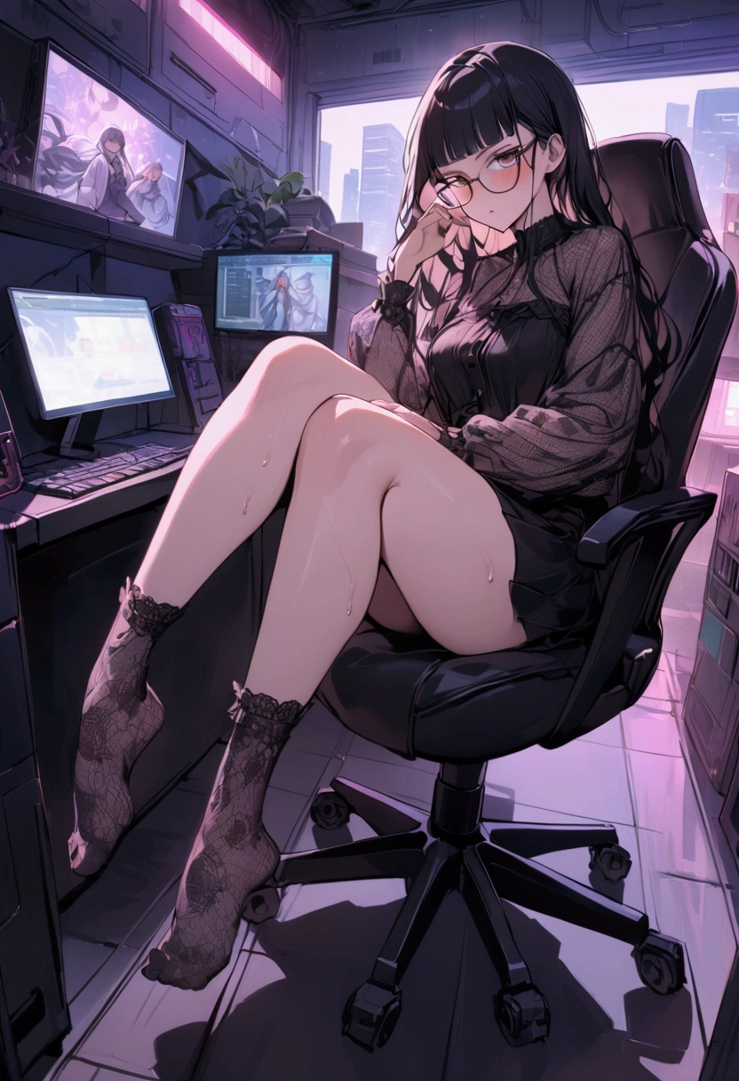 Dynamic composition,dutch angle,full body,Focus on legs,{{masterpiece}}, {{{Highest quality}}},{{Very detailed}},cyberpunk,1girl,30years old,{Mature Woman}},otaku obsessed with fighting geeks,,{{Sit on a chair and take a rest}},{{raise one leg}},long-sleeved blouse, skirt,Lace high socks,glasses,clavicle,,{{v-shaped eyebrows}},Bad mood,blush,Sweat,raise one's eyebrows ,{{View your viewers}}、 long hair,Blunt bangs ,indoor、Computer Room