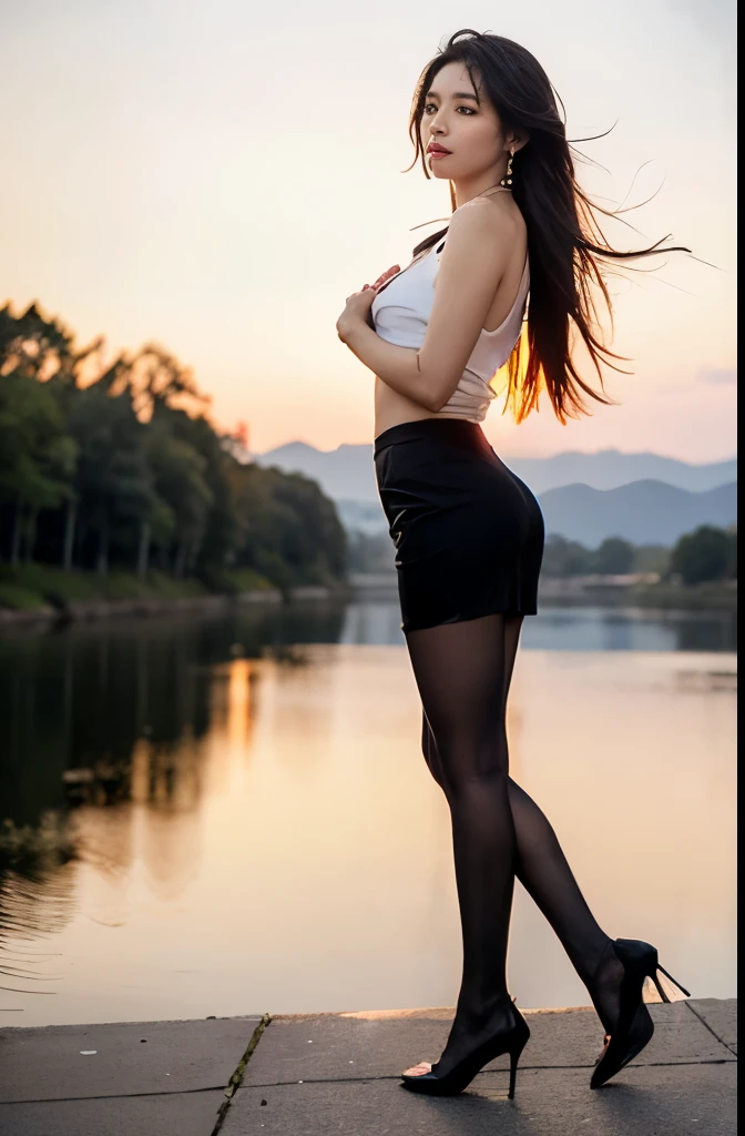 (masterpiece:1.3), (8 thousand, realistic, RAW photos, best quality: 1.4), (1 woman),(sheer silk blouse), (((short skirt))), (((양쪽 다리와 양발에 짙은색 realistic 불투명한 커피색 팬티 스타킹 : 1.3))), (Stockings on both legs), (((Beautiful, small feet wearing stockings and high heels.))), (((full body shot))), (outdoors in sunny weather), (walking like a model), (Beautiful makeover), (((very slim and beautiful body))) , (((Realistic and very beautiful face))), (long eyelashes), (double eyelid), (((Very beautiful eyes, realistic and delicate))), (((High nose))), (((small nostrils))), (((beautiful mouth))), (((seductive lips))), (((big bust) )), (Strong body through exercise), (beautiful abs), (Beautiful heaps), (((tall))), (realistic face), (((black hair, parted, long hair:1.3))), (아름다운 parted스타일), (realistic and beautiful skin), (absurd), (attractive), (ultra high resolution), (extremely realistic), (very detailed), (golden ratio), (((Two long, realistic and beautiful legs))), (realistic 팔), (necklace), (earring),(beautiful nails manicure), (((So beautiful and sexy))), (((perfect secretary look)))