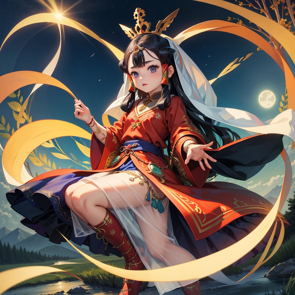 最high quality、high quality、10 years old、Brightly embroidered folk costumes from Central Asia and the Caspian Sea region、Bride Girl、Moonlight meadow、moonlight、Long dress