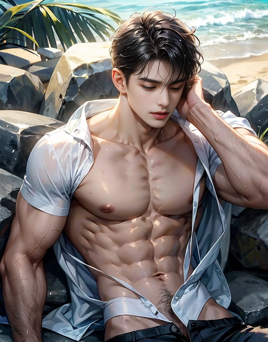 A handsome 20 years old man, muscular and slim, model , found lying on the seashore unconcious, eyes are closed and in pain, sexy and toned body, wet ripped shirt and underwear
