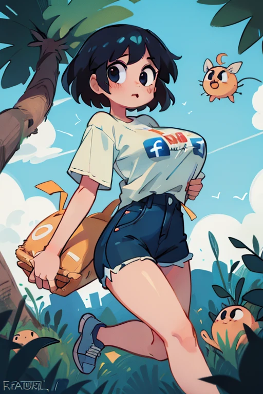 chica sexy ((big tits)) in short shirt ((white with the original google logo)) ((Blue hair, yellow, green and red))