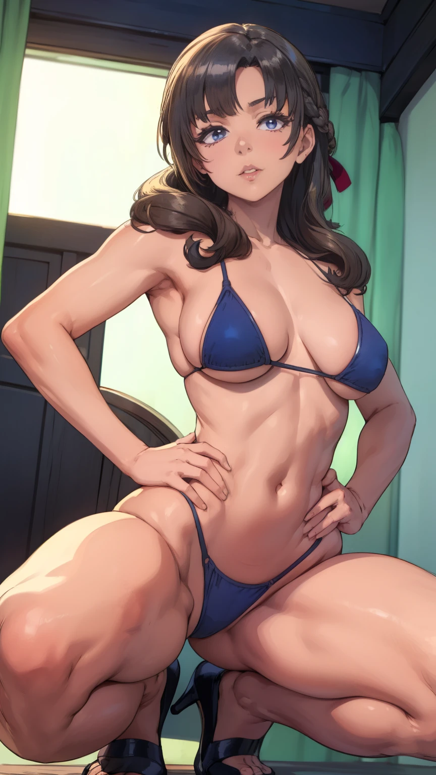 (masterpiece, best quality:1.2),((photoreal:1.1)),((perfect anatomy)),((muscular:-0.8)),solo, ((alone:1.4)),Hayami Ayuko,((1 middle age woman)),((1 japanese MILF)),perfect eyes, ((looking at viewer:1.4)),((horizontal angle:1.3)),((straight-on:1.4)),(view from front),shoot from front,lighting from front,((small breasts:1.5)),((aged sagging breasts:1.2)),(muscular:1.1),((do not hide your crotch)),((cod lips)),((squatting:1.3)),((spreading your legs wide:1.3)),(hands on hip bone:1.4),(holding your head high),((bare legs:1.3)),((bare arms)),delicate and beautiful,((detailed hair)),BREAK ((navy bikini:1.3)),high heel,