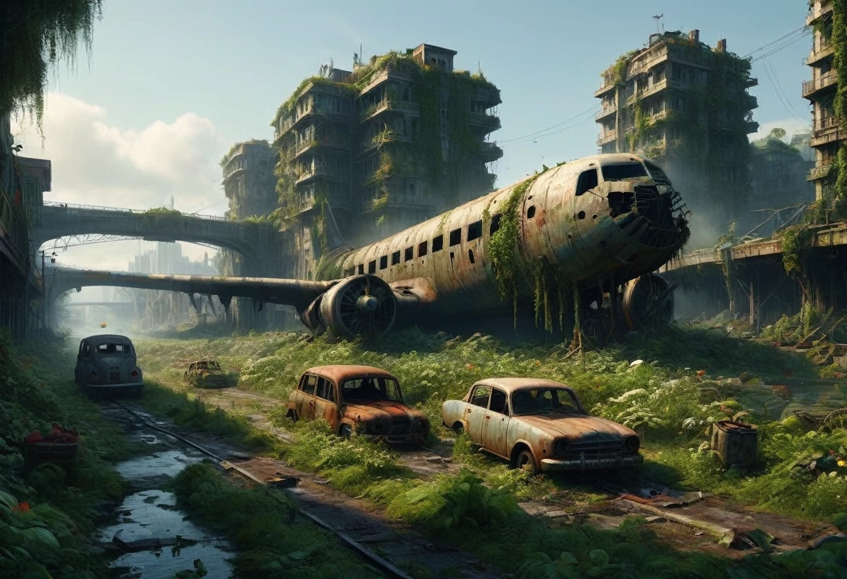 "Create a 3D animation of an abandoned metropolis (2022) in the style of Jakub Rozalski
* rusty airplane, overgrown with moss, showing signs of decay
* Intricate details, including texturing and modeling, in ultra-high quality
* Render the scene in 8K resolution (7680 x 4320 pixels) with extreme attention to detail
The metropolis should be overgrown with lush greenery, with vines and flowers, bridges covering the buildings and streets. Rusty cars should be in various states of disrepair, with visible corrosion and oxidation. Include subtle lighting and atmospheric effects to create a sense of depth and immersion.
deliver detailed, seamless, and high-quality 3D animation that meets these specifications."