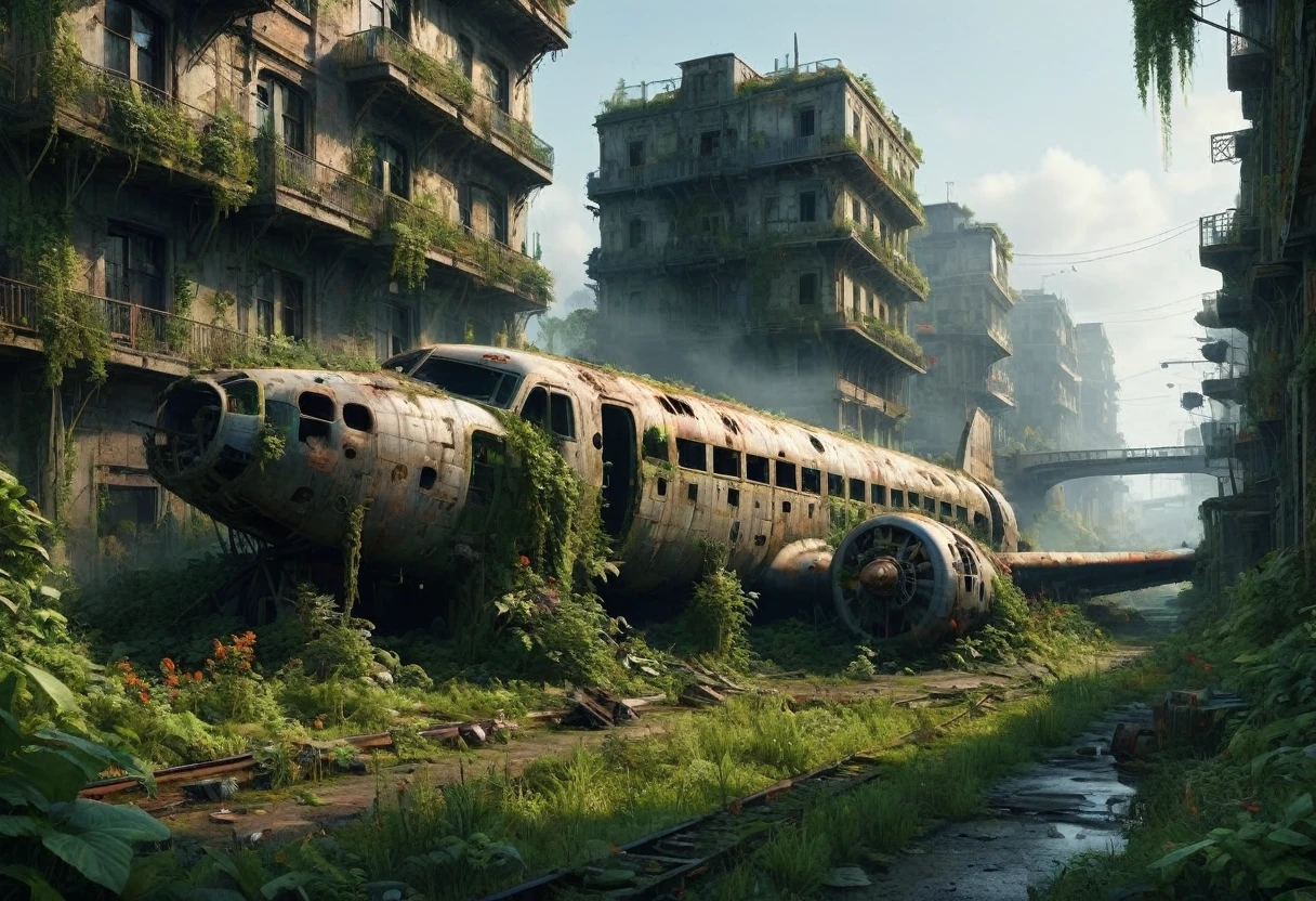 "Create a 3D animation of an abandoned metropolis (2022) in the style of Jakub Rozalski
* rusty airplane, overgrown with moss, showing signs of decay
* Intricate details, including texturing and modeling, in ultra-high quality
* Render the scene in 8K resolution (7680 x 4320 pixels) with extreme attention to detail
The metropolis should be overgrown with lush greenery, with vines and flowers, bridges covering the buildings and streets. Rusty cars should be in various states of disrepair, with visible corrosion and oxidation. Include subtle lighting and atmospheric effects to create a sense of depth and immersion.
deliver detailed, seamless, and high-quality 3D animation that meets these specifications."