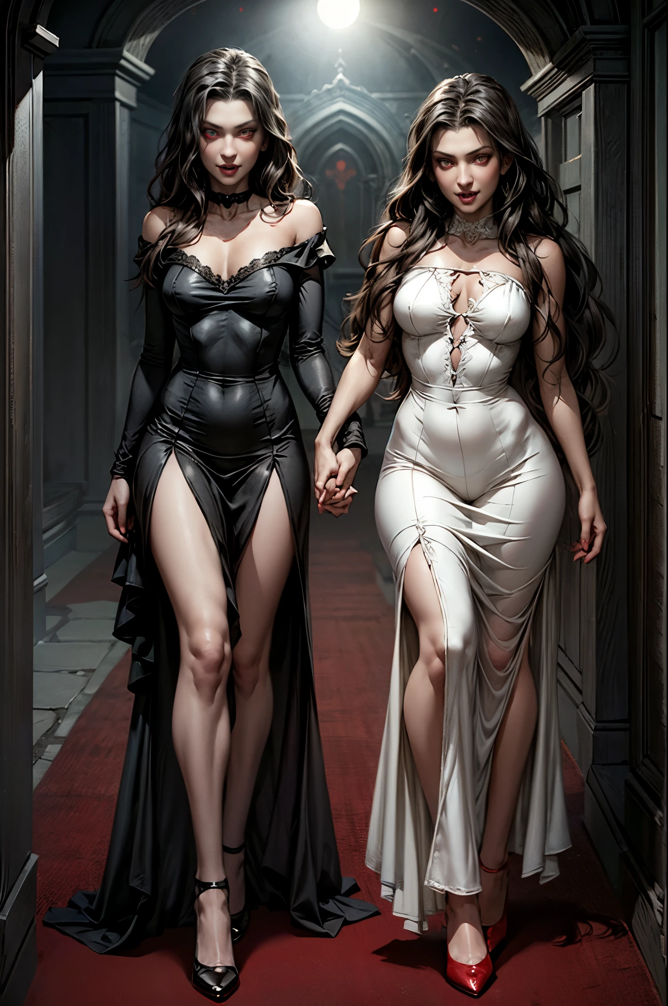 masterpiece, best quality, vampire family, full figure skinny mom whit old daughter, cinematic, moonlight, night, masterpiece, best quality, maryarya, full body shot, an elegant tall slender girl, 8k, perfect and deep shadows, detailed eyes, full body shot, high quality picture, high detailed background, HD shadows, (red glowing eyes:1.2), an evil grin, fangs are visible, pale skin