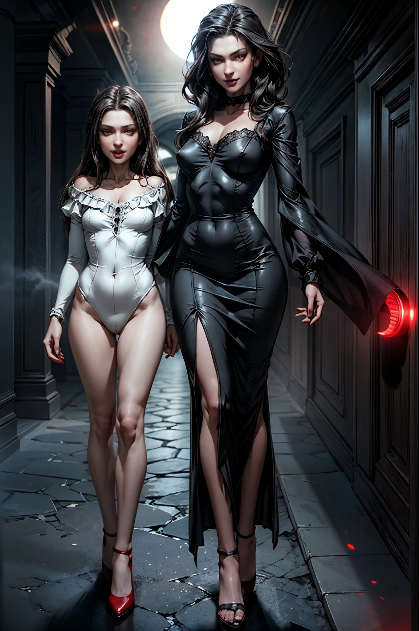 masterpiece, best quality, vampire family, full figure skinny mom whit old daughter, cinematic, moonlight, night, masterpiece, best quality, maryarya, full body shot, an elegant tall slender girl, 8k, perfect and deep shadows, detailed eyes, full body shot, high quality picture, high detailed background, HD shadows, (red glowing eyes:1.2), an evil grin, fangs are visible, pale skin