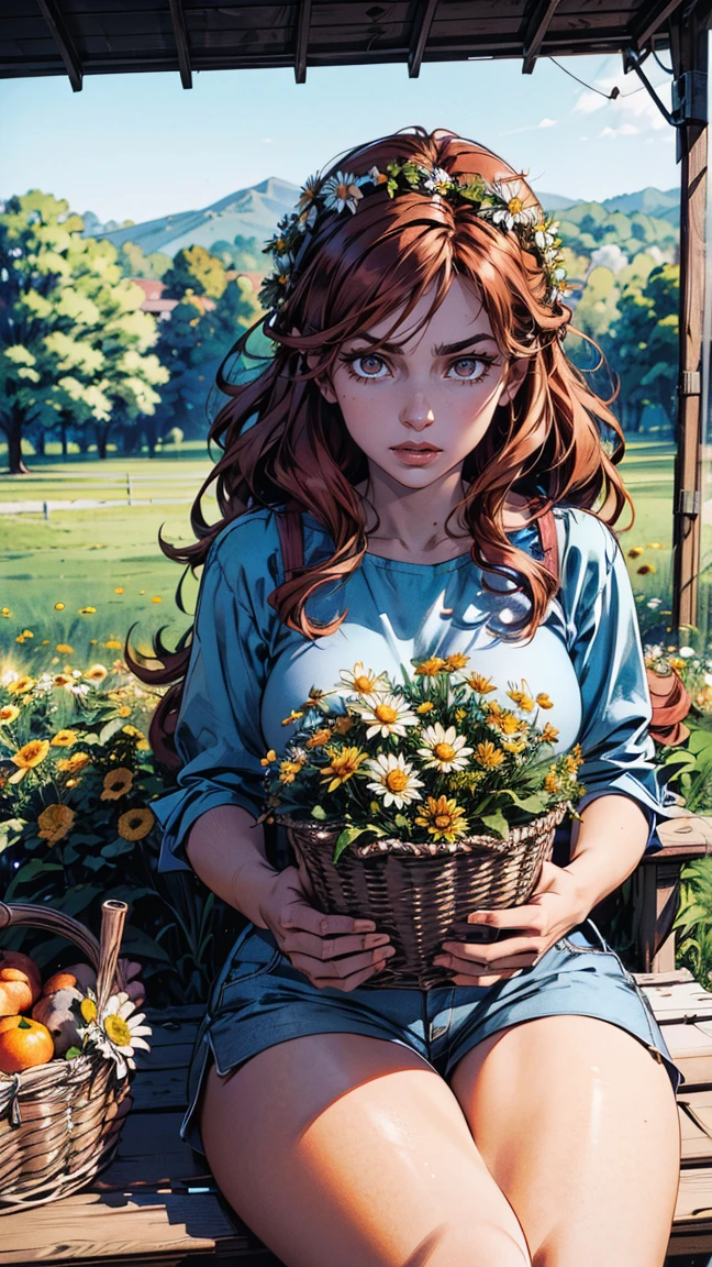 (girl:1.2),alone, (ginger long curly hair:1.1), brown eyes, Wearing a daisy wreath on your head, Sit in a daisy field, (fruit basket:1.1), blue shorts, red shirt,,raw,photographic,photo shadows,actual,Ridiculous,Aesthetic,elegant
