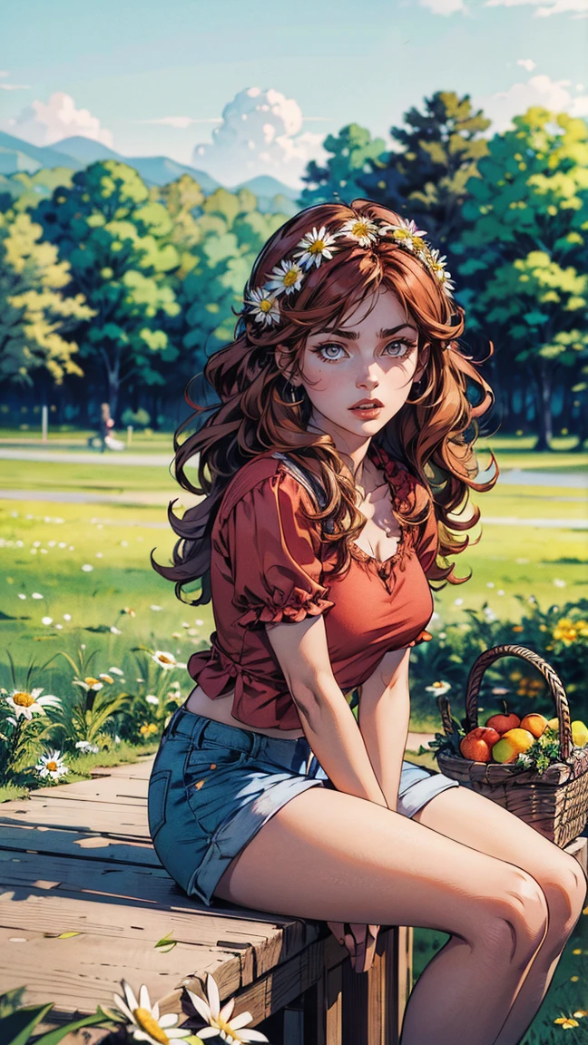 (girl:1.2),alone, (ginger long curly hair:1.1), brown eyes, Wearing a daisy wreath on your head, Sit in a daisy field, (fruit basket:1.1), blue shorts, red shirt,,raw,photographic,photo shadows,actual,Ridiculous,Aesthetic,elegant