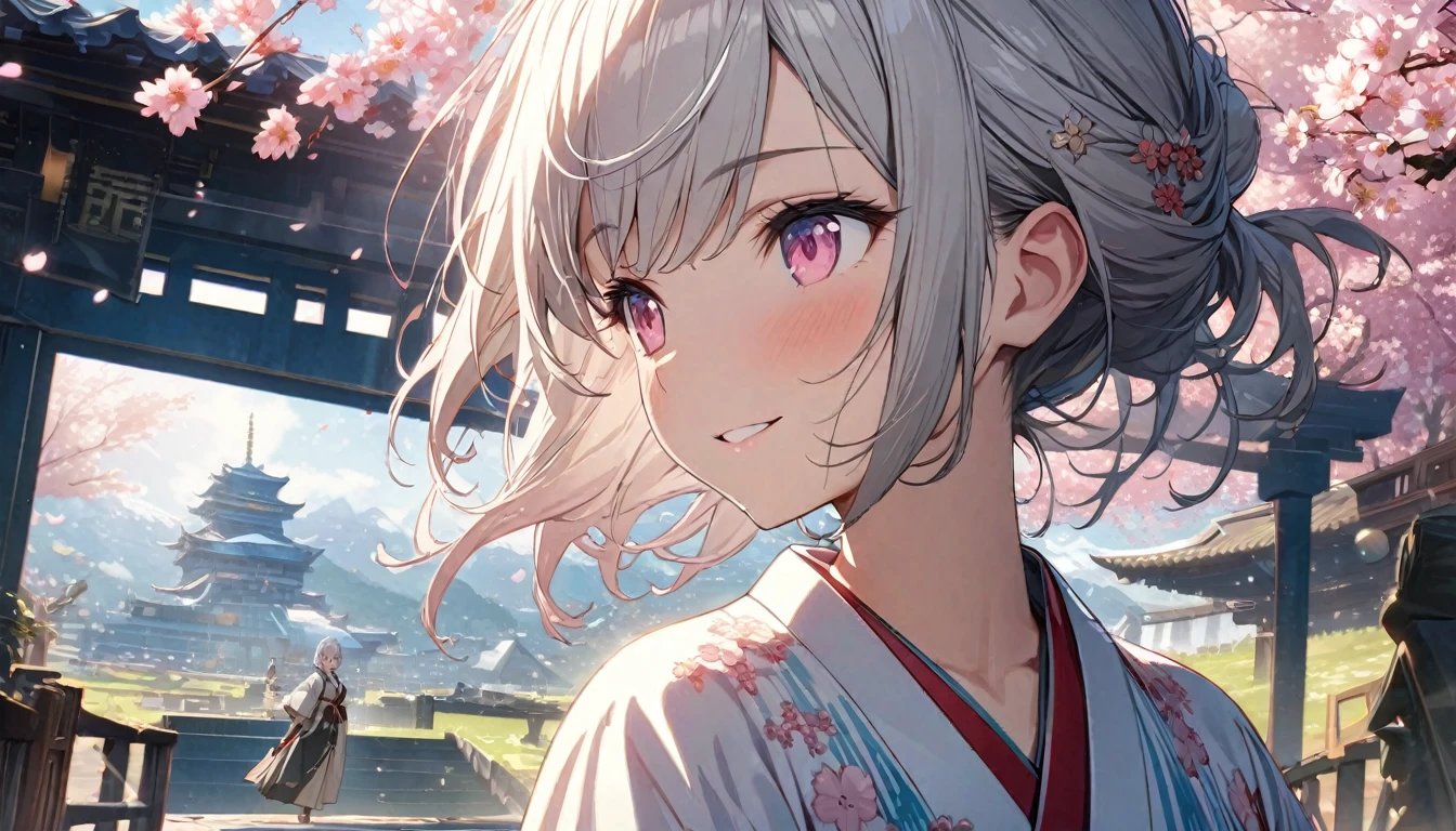 one girl, silver short hair and bob hair、I tied my hair in a bun with a hair clip..、beautiful pink eyes、smile、gentle smile on her face、flat chest, one Beautiful girl,((masterpiece, illustration, best quality) ((ultra-detailed))\Sunny day, standing under the cherry blossoms, Clothing、Japanese dress、White cherry blossom pattern、White cherry blossom embroidery pattern、A silver-haired、Beautiful face、Real Face、beautiful details eyes beautiful skin)、Hair flutters in the wind、Hair jumps、Pink cherry blossom tree、Petals flutter、Sakura blizzard、Superb view、morning glow、Sun in the background、the wind、Deities、tusk、myth、Vast Land、, 濃い青とBeautiful Blueのグラデーション, High resolution, 8K HD detail, hyper-detail, cinematic, surrealism, soft light, deep field focus bokeh, ray tracing and surrealism. --v6