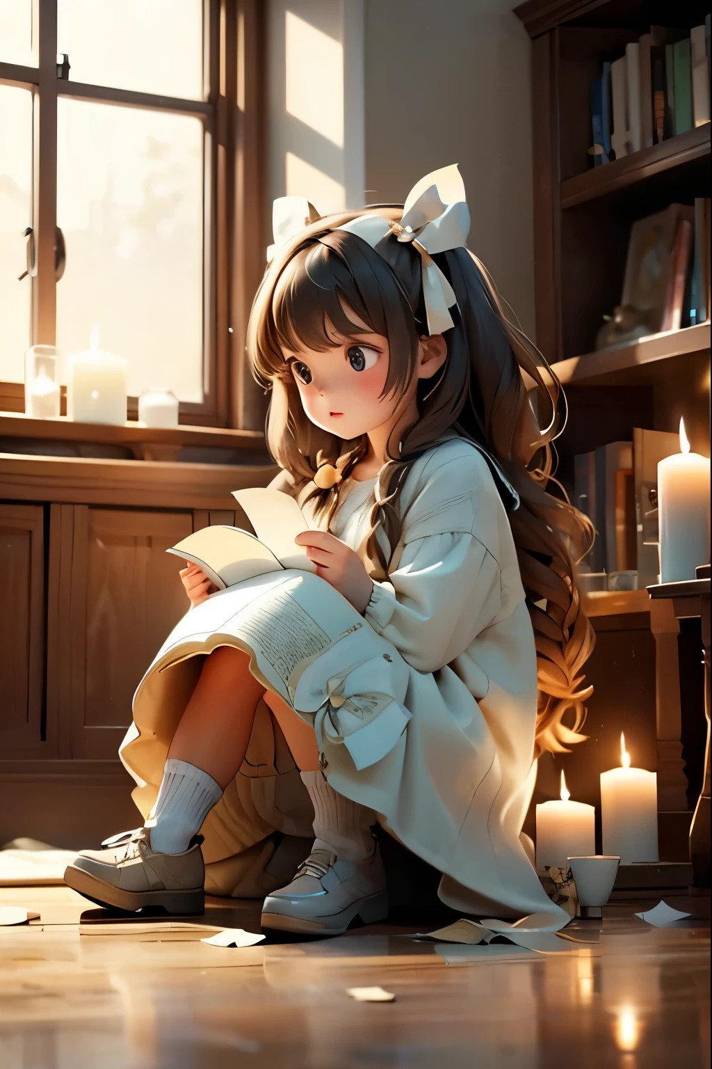 a girl reads a book sitting on the floor illuminated by candles behind her there is a bay window from which you can see the