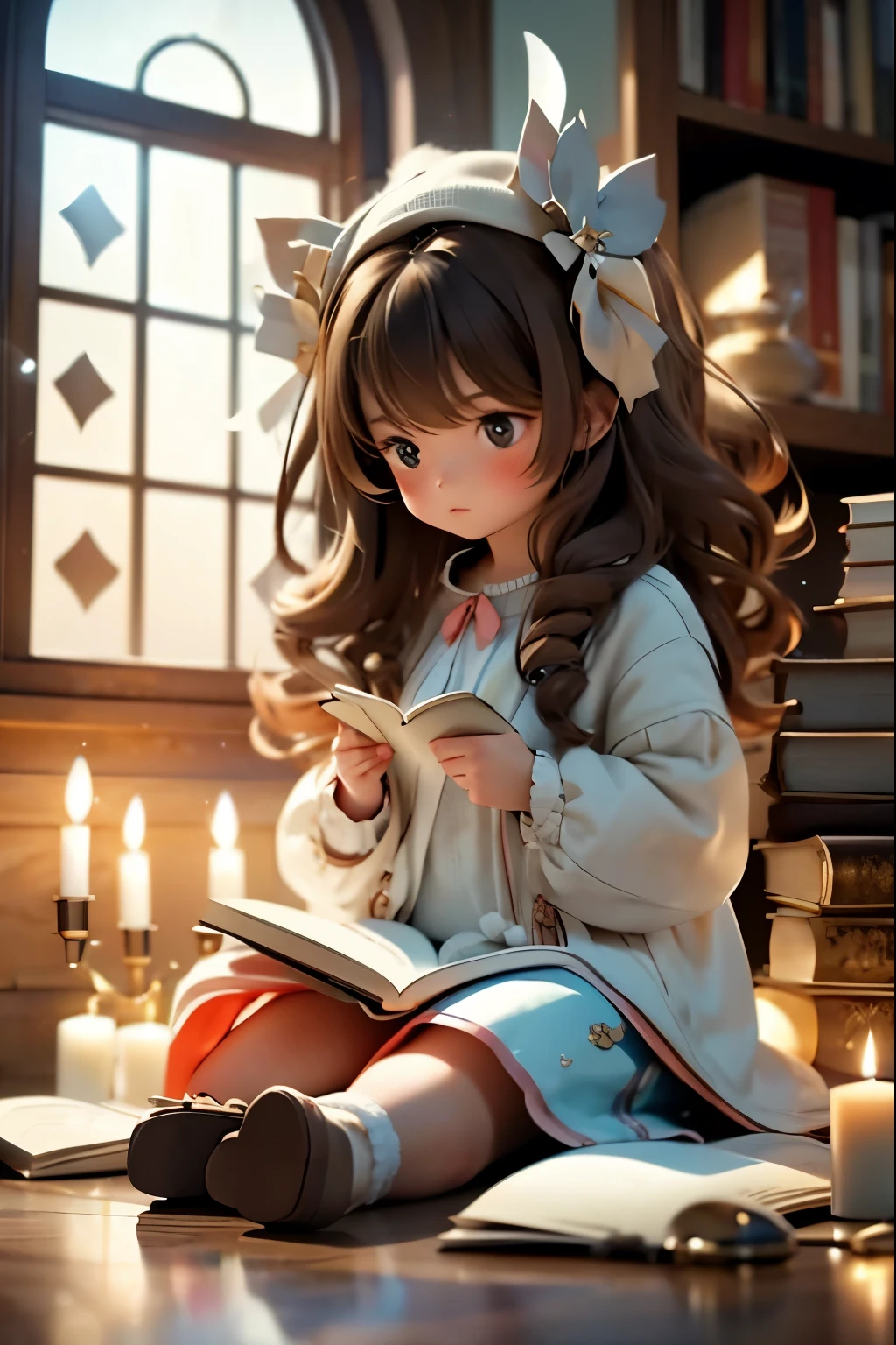 a girl reads a book sitting on the floor illuminated by candles behind her there is a bay window from which you can see the 