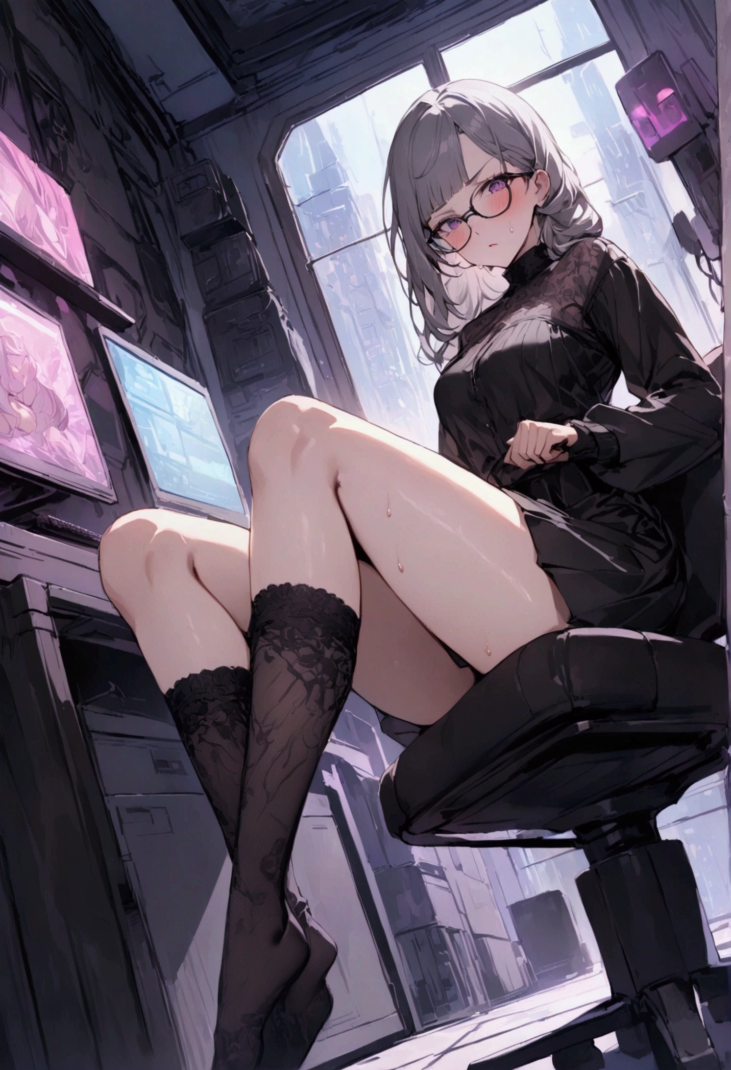 Dynamic composition,dutch angle,full body,Focus on legs,{{masterpiece}}, {{{Highest quality}}},{{Very detailed}},cyberpunk,1girl,30years old,{Mature Woman}},otaku obsessed with fighting geeks,,{{Sit on a chair and take a rest}},{{raise one leg}},long-sleeved blouse, skirt,Lace high socks,glasses,clavicle,,{{v-shaped eyebrows}},Bad mood,blush,Sweat,raise one's eyebrows　,{{View your viewers}}、gray long hair,Blunt bangs ,indoor、Computer Room