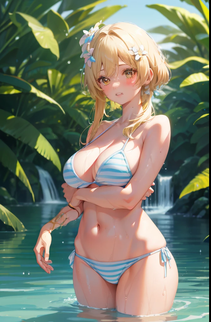 nsfw, cute girl in a pink and white striped bikini, beautiful detailed body, wet hair, water droplets, photo-realistic, 8k, hyper detailed, realistic lighting, natural outdoor setting, golden hour lighting, vibrant colors, beautiful scenery, lush greenery, shallow depth of field