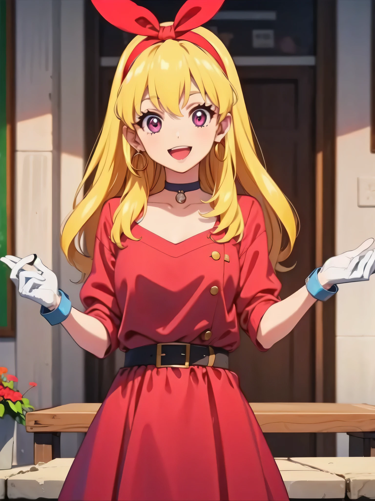 (RED Ribbon on HAIRband:1.2),1girl,solo,gloves,white gloves,white hair,long hair,choker,earrings,open mouth,v,jewelry,dress,purple eyes,smile,looking at viewer,retro artstyle,red dress,breasts,braid,upper body,score_9,score_8_up,score_7_up,