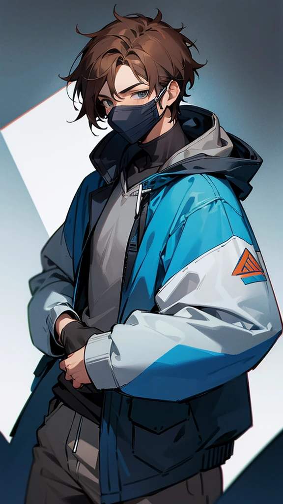 Man with brown hair wearing a blue mask and a gray hoodie
