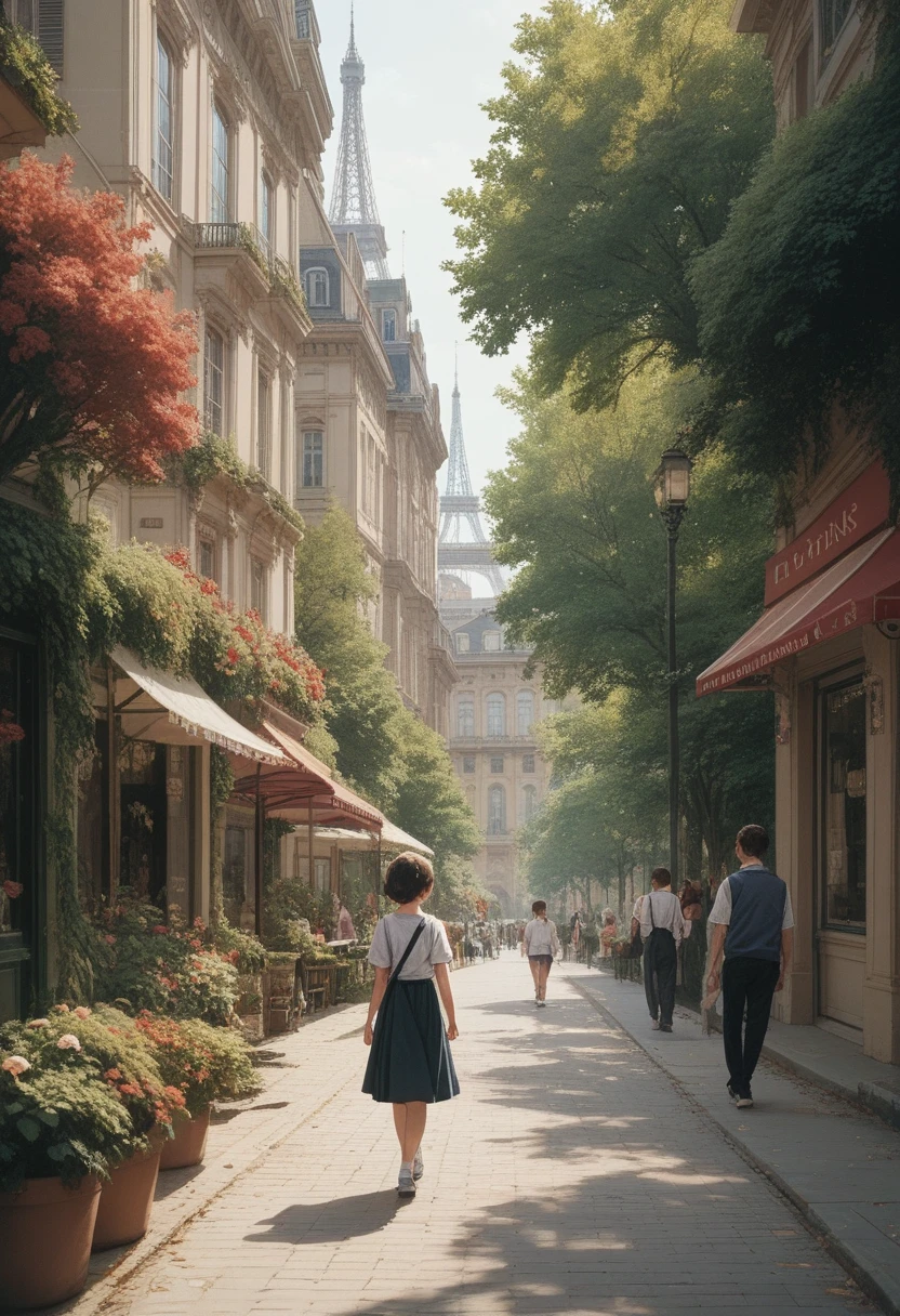 Imagine a young girl walking through a picturesque neighborhood in Paris