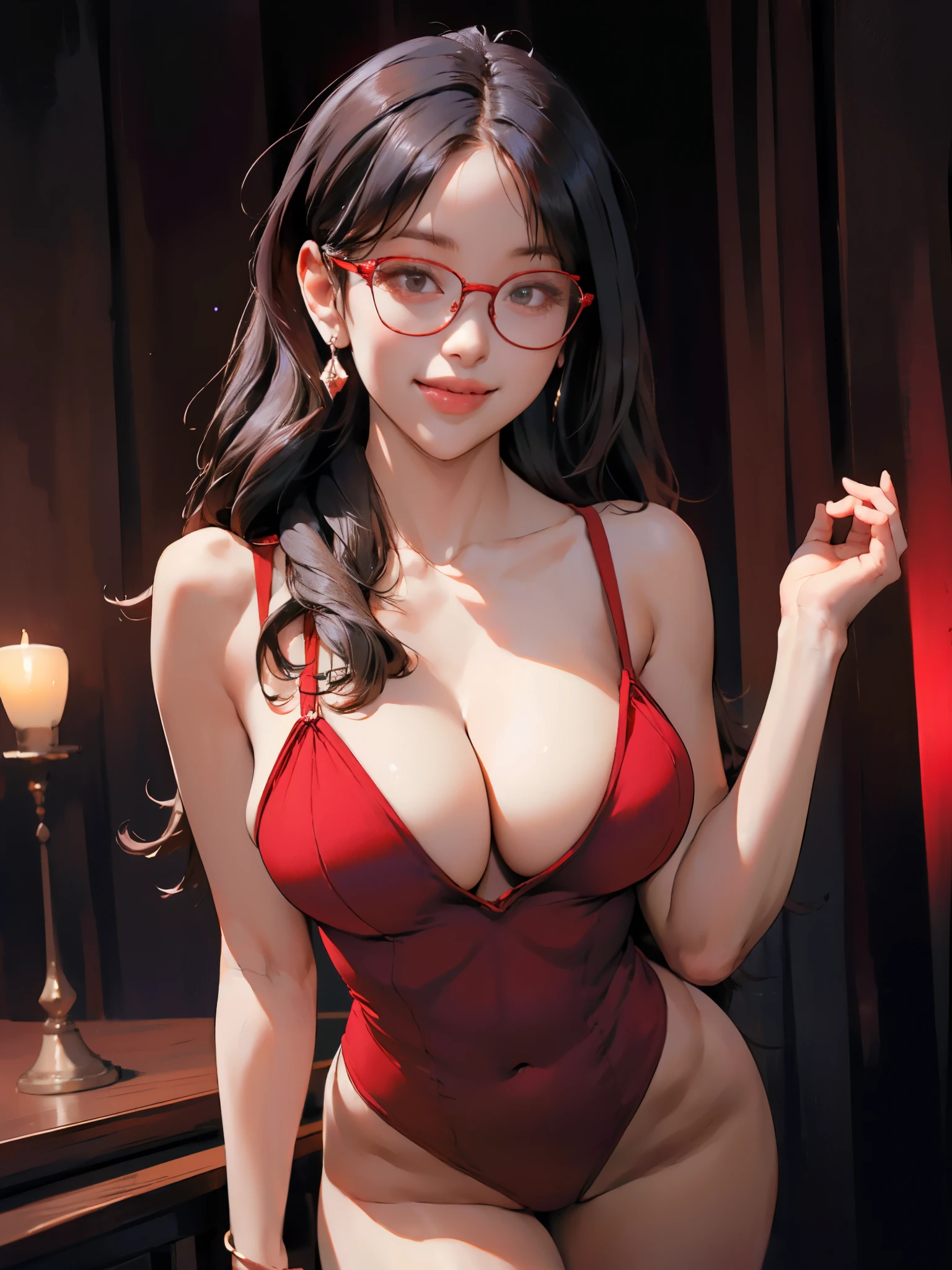 1girl, closed room, (red ambience lighting:1.2), highleg leotard, gigantic breasts, detailed face, long hair, middle-parted hair, thighs, v-lines, glasses, smile, looking at viewer, cleavage, (raw photo:1.2), masterpiece, highest quality, very detailed, perfect beauty, diamond dust, romantic, night club,