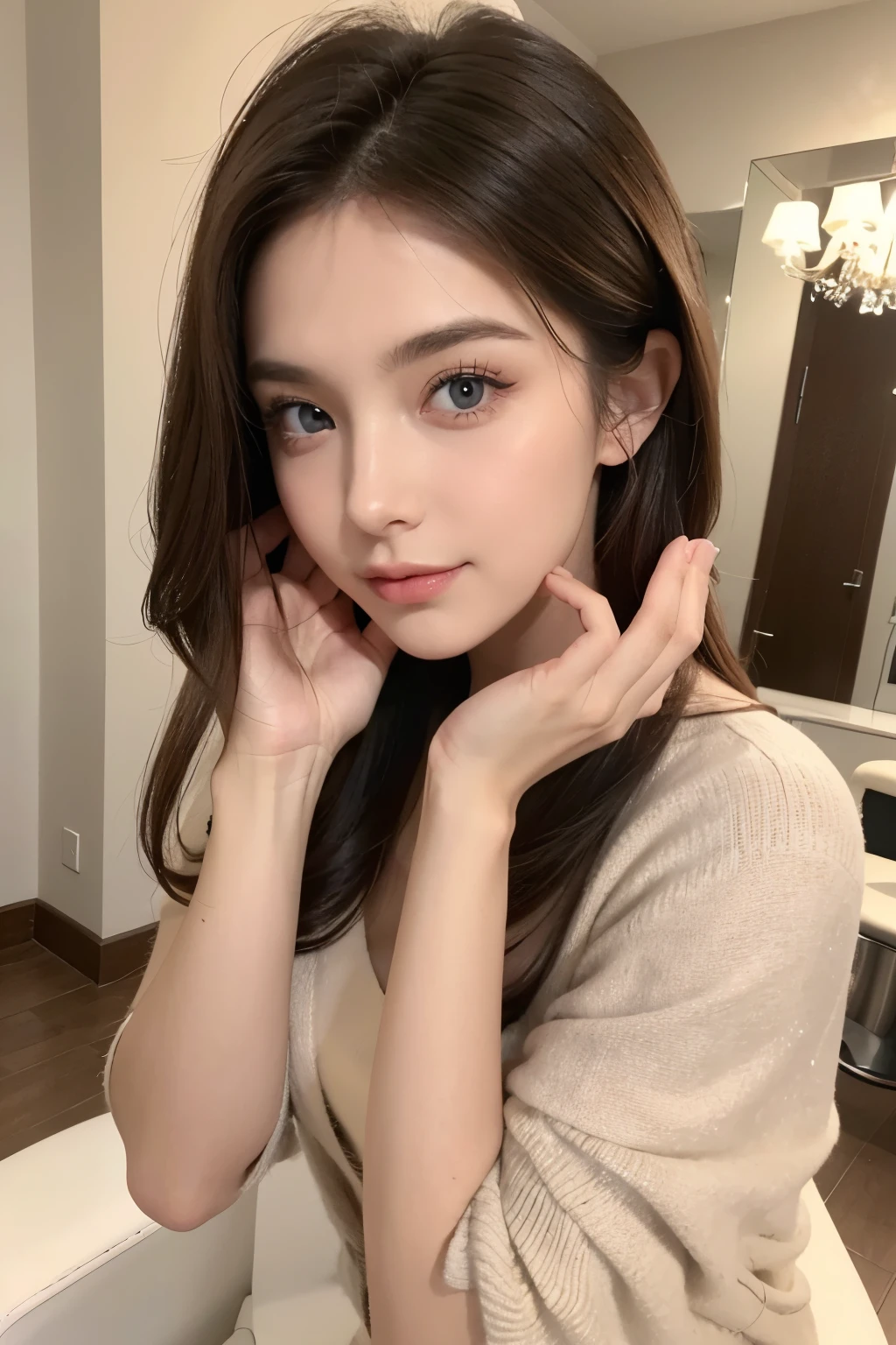 Belle brune portant un pull beige clair (Soins des ongles dans un salon de beauté moderne), très détaillé, 21 ans, visage innocent, cheveux ondulés naturels, yeux bleus, haute résolution, chef-d'œuvre, Meilleure qualité, détails complexes, très détaillé, mise au point nette, peau détaillée, texture de peau réaliste, texture, yeux détaillés, professionnel, 4k, Sourire charmant, filmé sur Canon, 85 millimètres, faible profondeur de champ, Couleur Kodak Vision, corps parfaitement ajusté, extrêmement détaillé, photographier_\(ultra\), photoréaliste, Réaliste, Post-traitement, détails maximum, rugosité, vrai vie, ultra réaliste, photoréalisme, photographie, 8k euh, photographie, travail, bureau
